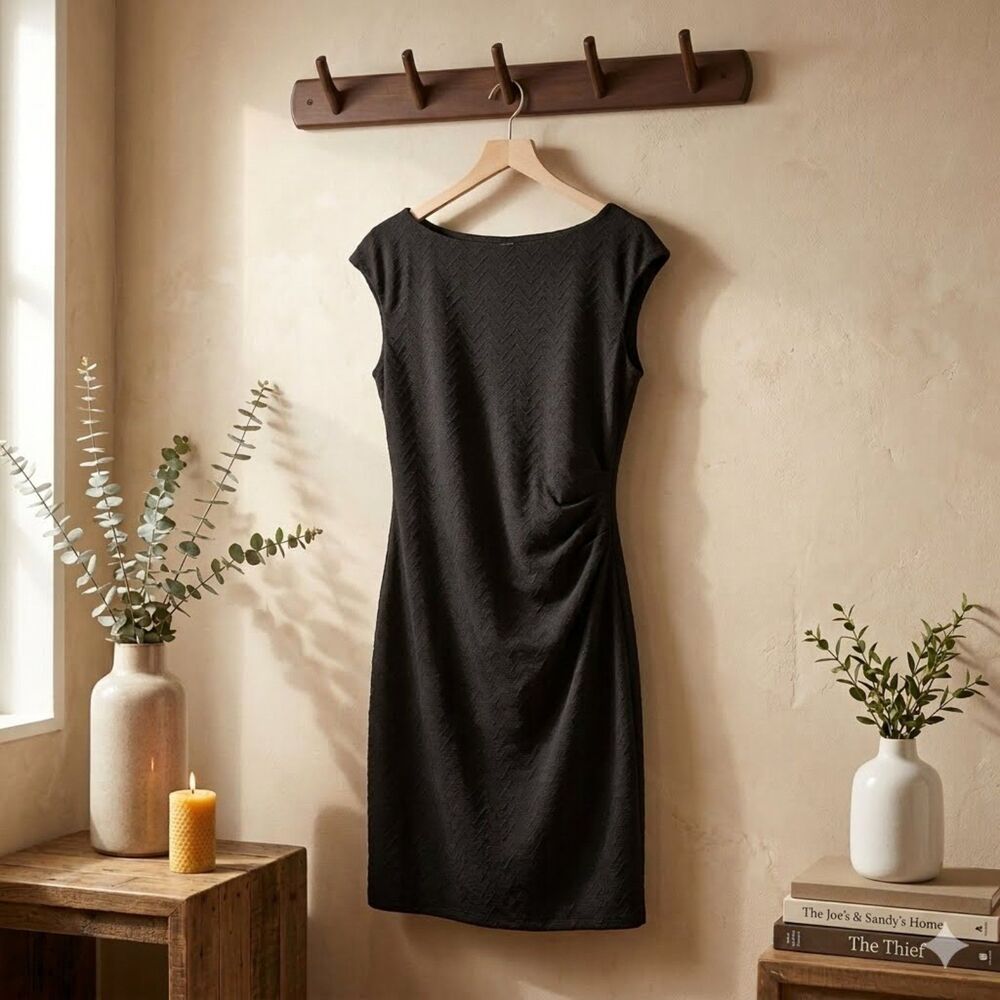 Chaps Dress Womens 14 Black Sheath Knee Length Sleeveless Textured Knit NWT